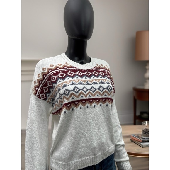Hollister Fair Isle Knit Sweater 60% Cotton Size‎ M White Burgundy Tan - Picture 3 of 8